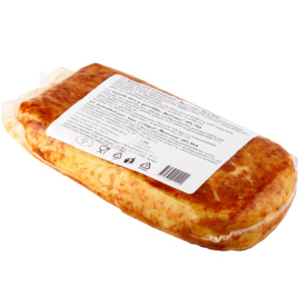 Rūkytas sūris MEDŽIOTOJŲ, su raudonais pipirais, vakuume, 45% RSM, ~1 kg