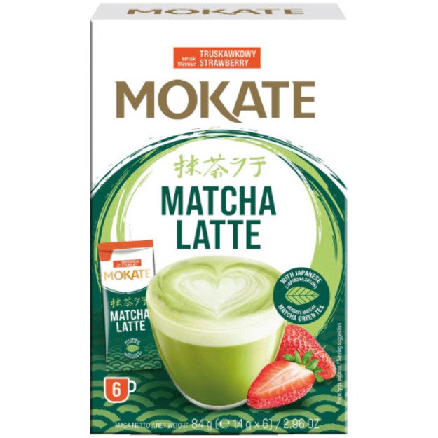 Žaliosios arbatos gėrimas MOKATE Matcha latte su braškėmis, 6 x 14g