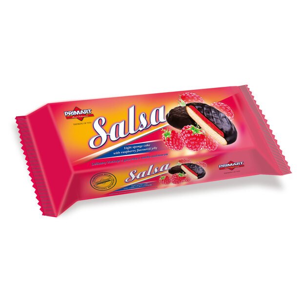 Sausainiai PRIMART Salsa, glaisyti, su aviečių įdaru, 130 g