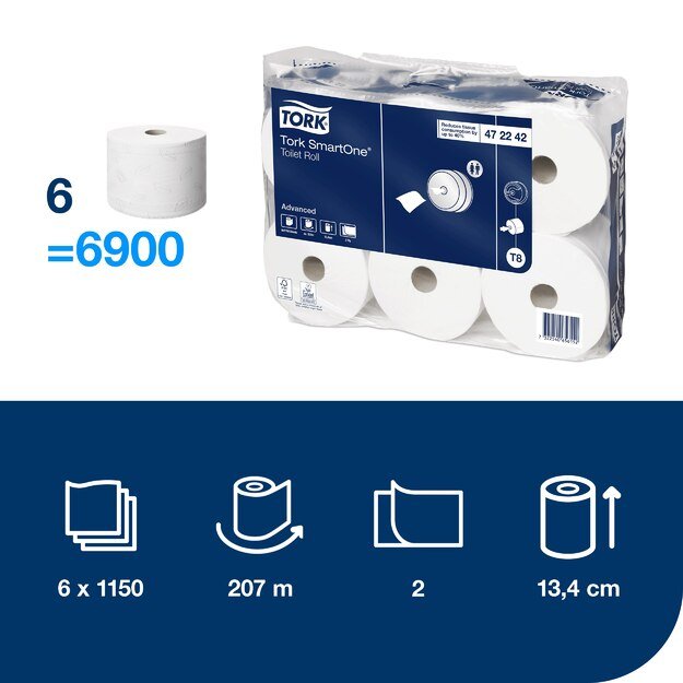Tualetinis popierius TORK, 472242, SMARTONE,  2 sl., 13.4x18 cm, 207 m, balta sp. 3