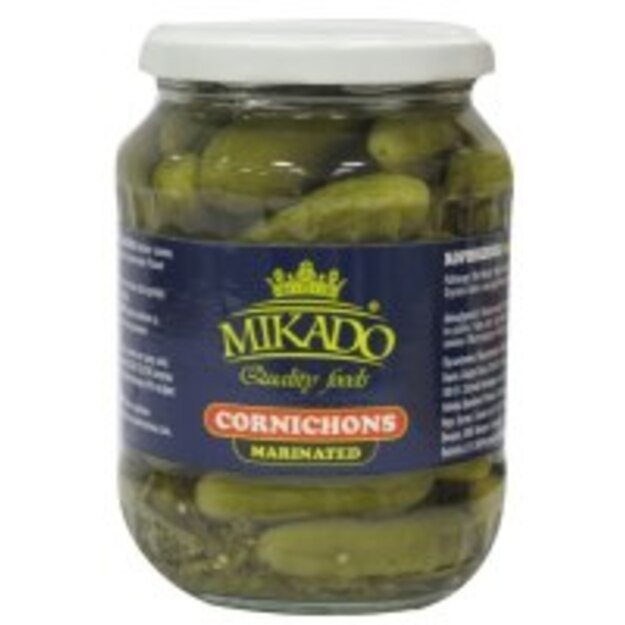 Konservuoti kornišonai MIKADO, su saldikliu, 670 g / 370 g 1
