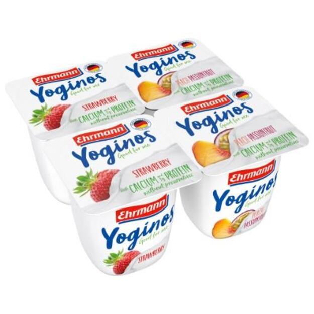 Jogurtas YOGINOS su braškėmis, persikais ir pasiflorais, 4x100 g
