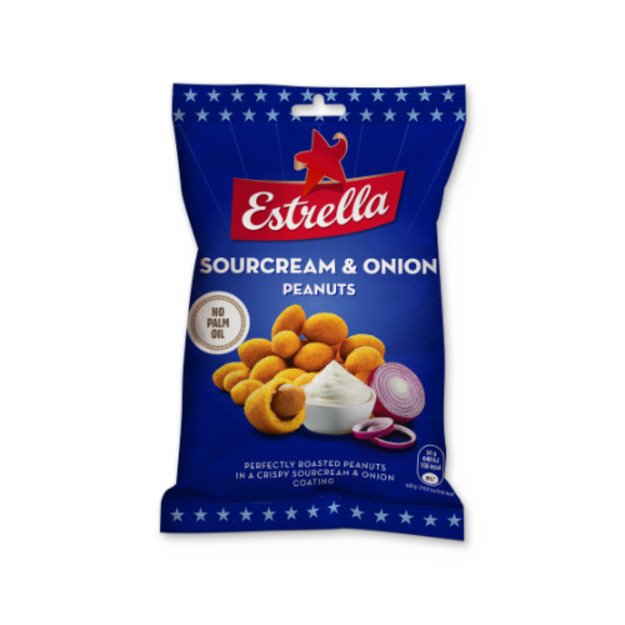 Kepinti žemės riešutai ESTRELLA  grietinės ir  svogūnų skonio su traškia luobele 140g
