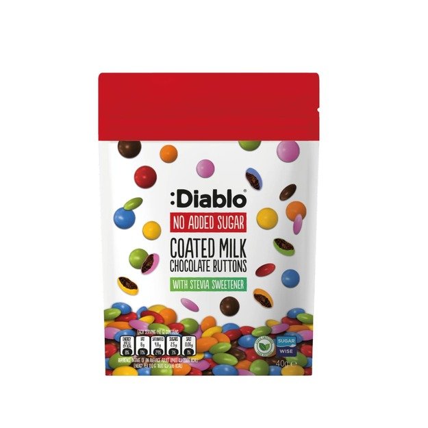 &Scaron;okoladiniai saldainiai su pieni&scaron;ku &scaron;okoladu, DIABLO, be pridėtinio cukraus, 40g