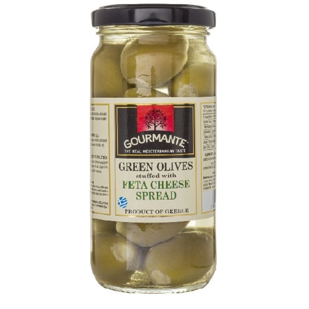 Žaliosios alyvuogės GOURMANTE, įdarytos feta, alyvuogių aliejuje, 244 g