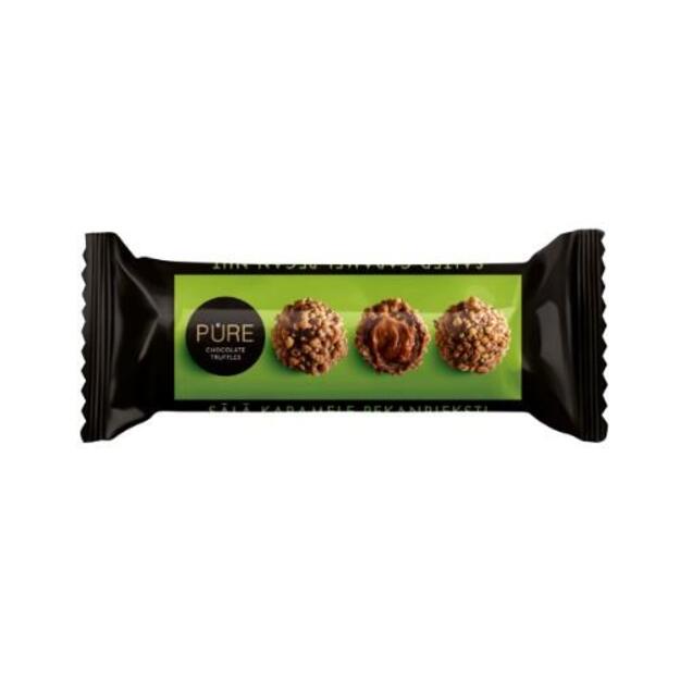Pieniško šokolado triufeliai PURE su sūdytos karamelės kremo įdaru ir pekano riešutu, 38 g