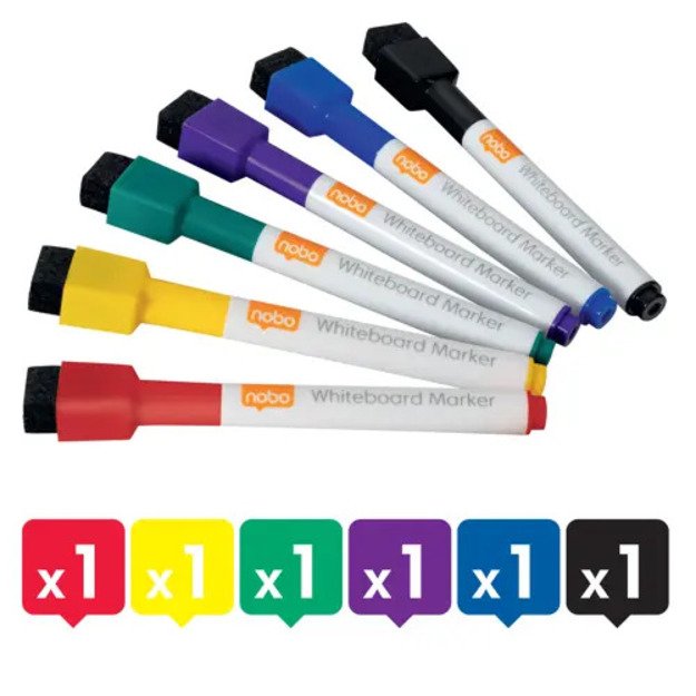 Baltos lentos žymekliai NOBO Mini, su valikliu, 6 vnt., įv. spalvų 6
