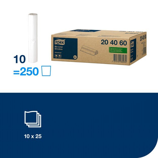 Šiukšlių maišai skirti TORK B1 šiukšliadėžėms, 50 L, 25 vnt, balti, 204060 3