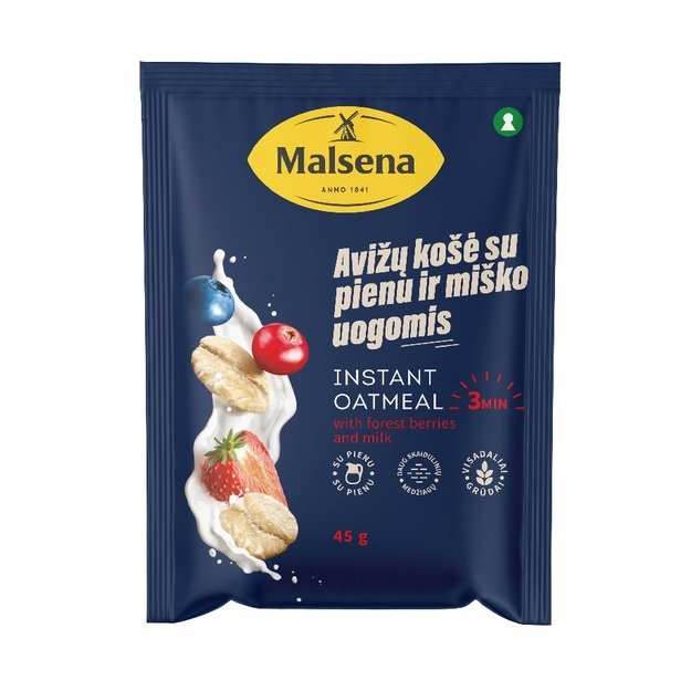 Greitai paruošiama avižinė košė, MALSENA, su miško uogomis ir pienu, 45 g