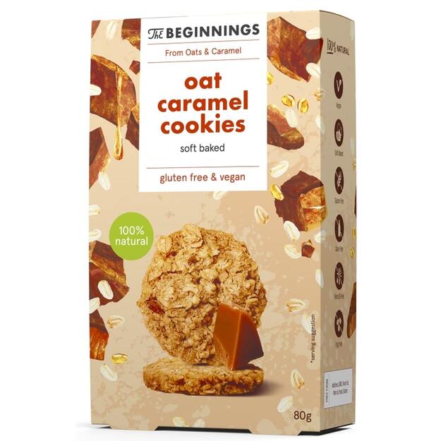 Avižiniai sausainiai THE BEGINNINGS, su karamele, 80 g