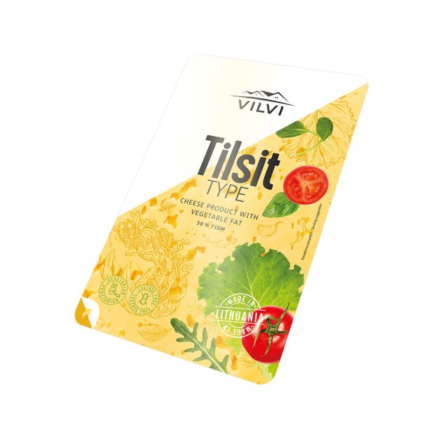 Sūrio gaminys su augaliniais riebalais Tilsit, 50 %, RSM, riekutėmis, 0,15 kg