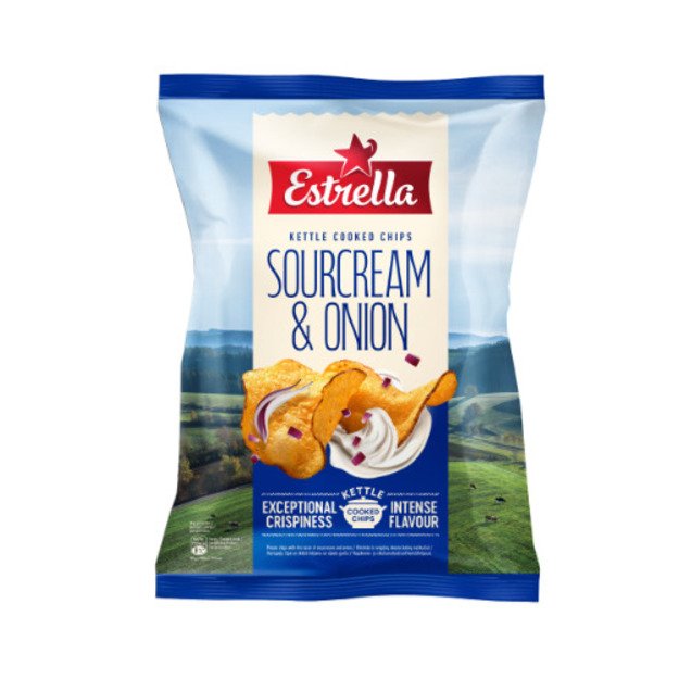 Bulvių traškučiai ESTRELLA KETTLE grietinės ir svogūnų skonio, 120g