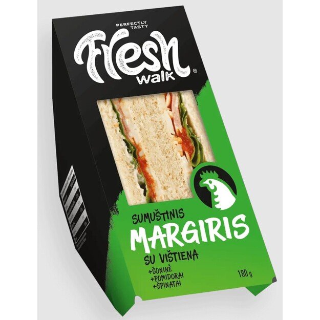 Trikampis sumuštinis MARGIRIS, su vištiena, šonine ir pomidorais, 180g