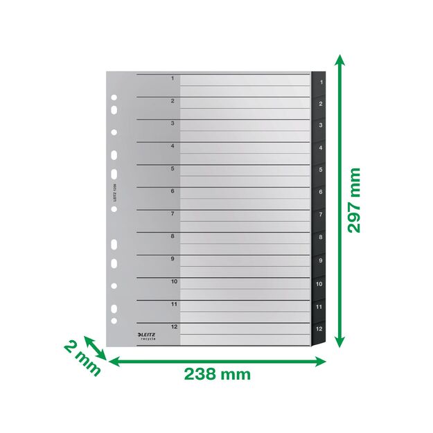 Skiriamieji lapai Leitz Recycle, 1-12, A4 MAXI, PP, juodos salvos 8