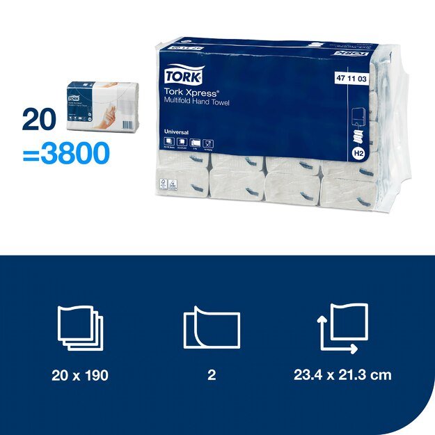 Rankų servetelės TORK XPRESS MULTIFOLD, 471103, 2 sl., 190 serv., 23.4 x 21.3 cm, balta sp. 3