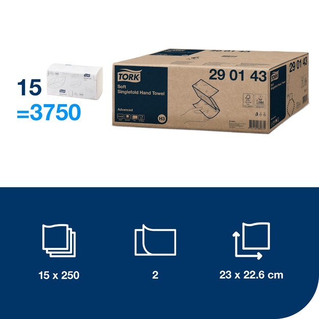 Rankų valymo servetėlės TORK Soft Singlefold H3, 290143, 2 sl., 250 serv., 23 x 22,6 cm, balta sp. 3
