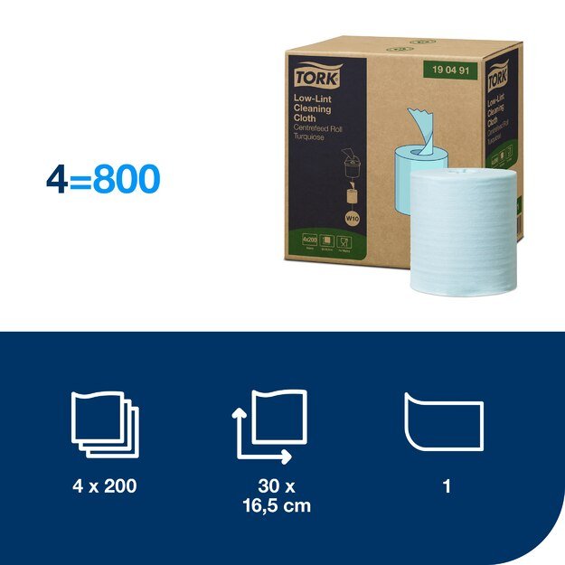 Valymo šluostė TORK, mažai besipūkuojanti, 190491, 1sl., 60m, turkio spalvos 3