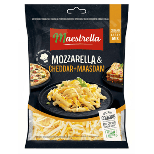 Sūrių mi&scaron;inys MAESTRELLA, Mozzarella, Cheddar, Maasdam, 44%, &scaron;iaudeliais, 150g