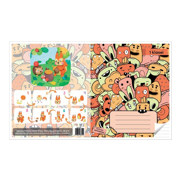 Sąsiuvinis linijomis, 1 klasei, 12 lapų. Vidinių lapų gramatūra – 90 g/m2. Su taisyklėmis ir žaidimais. 1