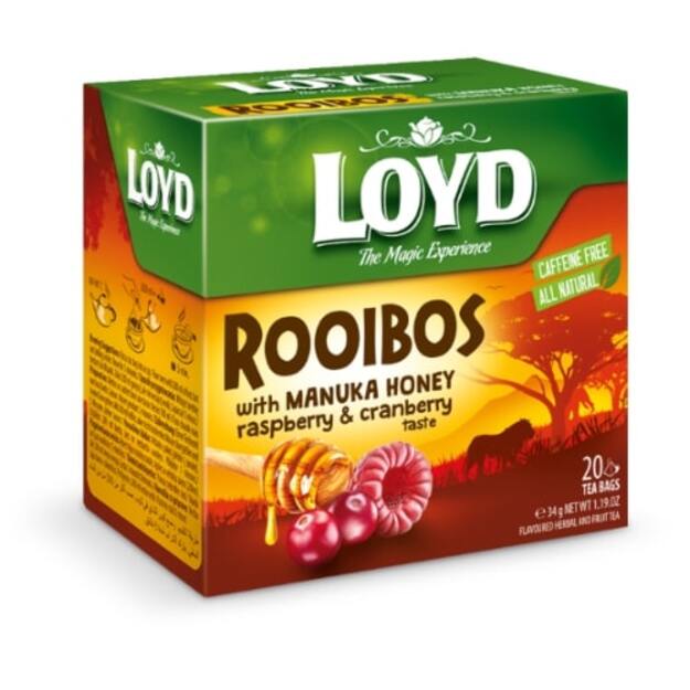 Žolelių ir vaisių raudonoji arbata LOYD, medaus, aviečių, spanguolių skonio, 20 x 1.7g