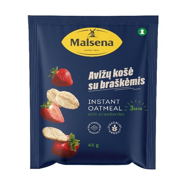 Greitai paruošiama avižinė košė  MALSENA, su braškių gabaliukais, 45 g