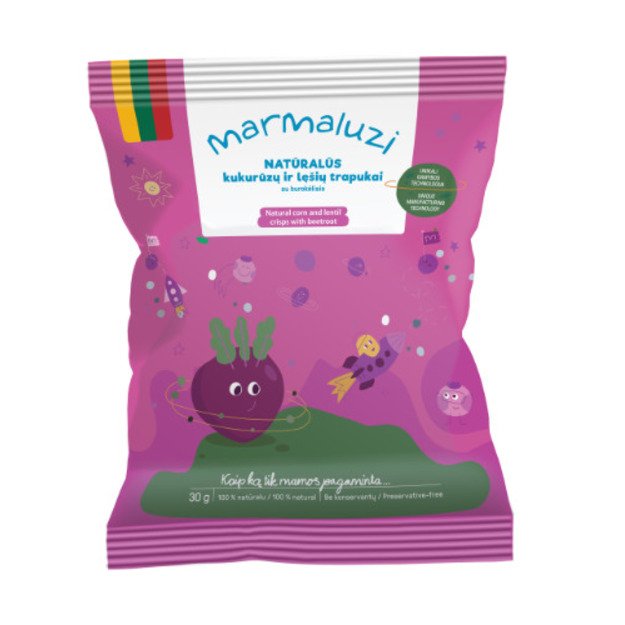 Kukurūzų ir lešių trapukai MARMALUZI su burokėliais naturalūs, 30g
