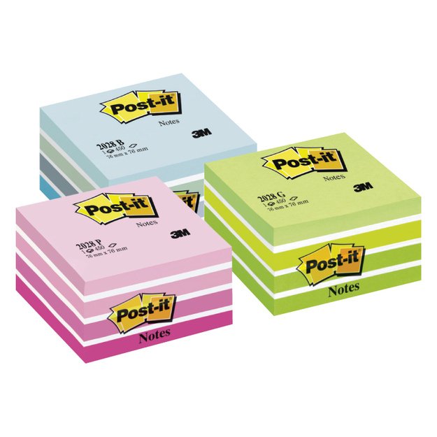 Lipnūs lapeliai Post-it Akvarelė  kubas, 450 lapelių, 76 x 76 mm, mėlynos ir baltos spalvos derinys
