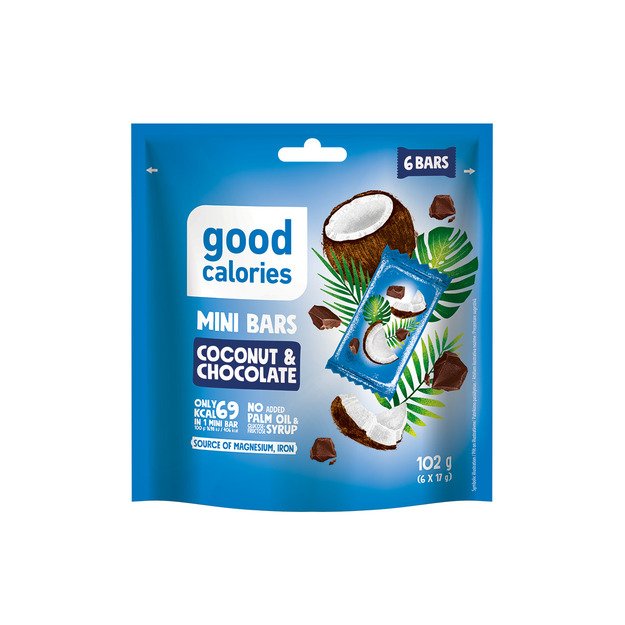 Mini rie&scaron;utų batonėliai GOOD CALORIES su kokosais ir &scaron;okoladu, 102 g