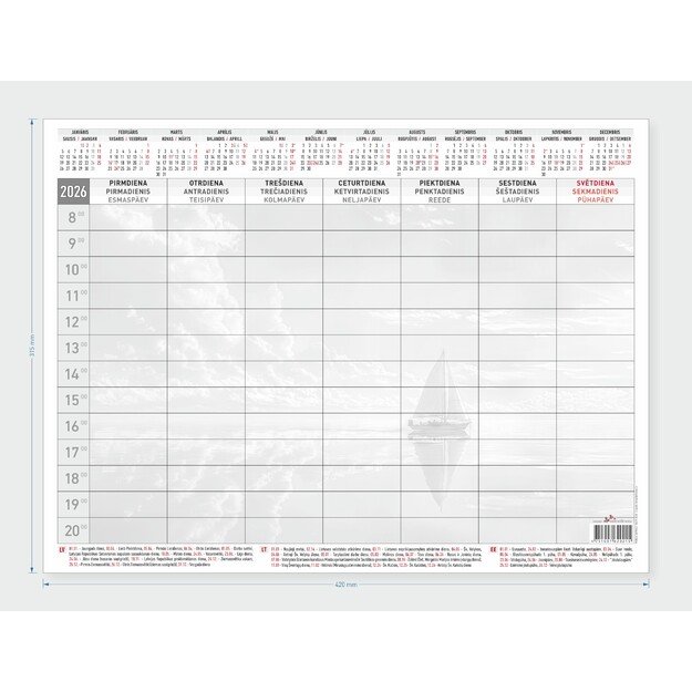 Stalo kalendorius 2026, A3+, 53 lapai, savaitė (Baltic)
