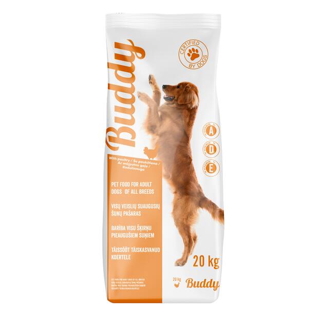 Sausas visavertis pa&scaron;aras &scaron;unims BUDDY, su pauk&scaron;tiena, 20 kg