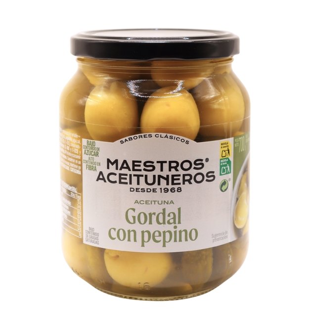 Žaliosios alyvuogės Gordal be kauliukų, MAESTROS ACEITUNEROS, su marinuotais agurkėliais, 700/300 g