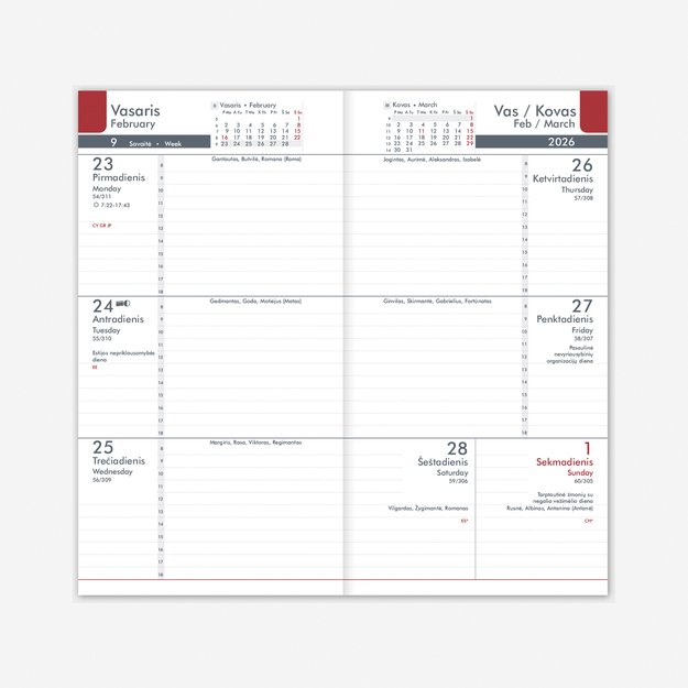 Kalendorius MIDI 2026, 90 x 167 mm, PU, vyšninė 2
