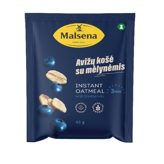 Greitai paruošiama avižinė košė MALSENA, su mėlynių gabaliukais, 45 g