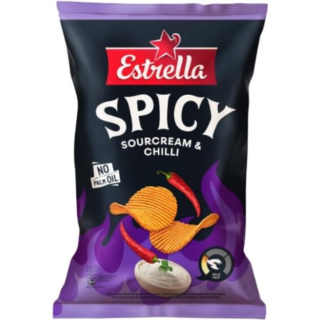 Bulvių traškučiai ESTRELLA Vingiuoto pjausytmo grietinės ir aitriųjų paprikų skonio 115g