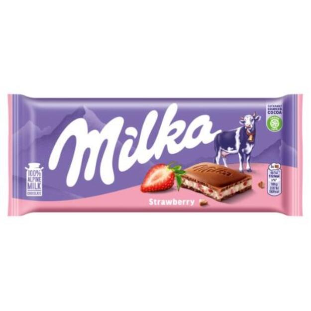 Pieninis šokoladas MILKA, iš Alpių pieno, su braškių skonio įdaru, 100 g
