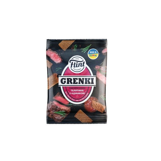 Džiūvėsėliai FLINT, ruginiai, veršienos skonio, su adžika padažu, 80 g