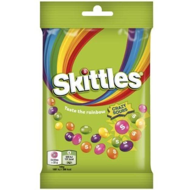 Kramtomieji saldainiai SKITTLES Crazy Sours rūg&scaron;tūs vaisių skonio tra&scaron;kiame cukraus glajuje, 95 g