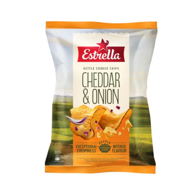 Bulvių traškučiai ESTRELLA KETTLE čederio ir raudonųjų svogūnų skonio, 120g