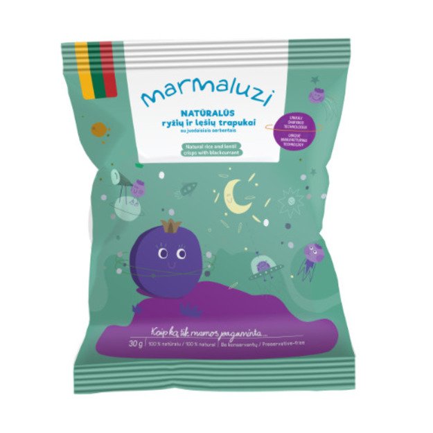 Ryžių ir lešių trapukai MARMALUZI su juodaisiais serbentais naturalūs, 30 g