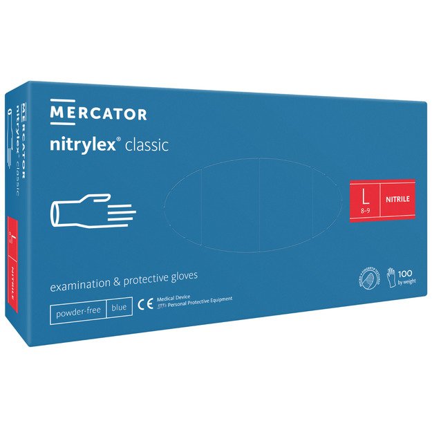 Vienkartinės pirštinės NITRYLEX Classic, nitrilinės, nepudruotos, mėlynos spalvos, L, 100 vnt.
