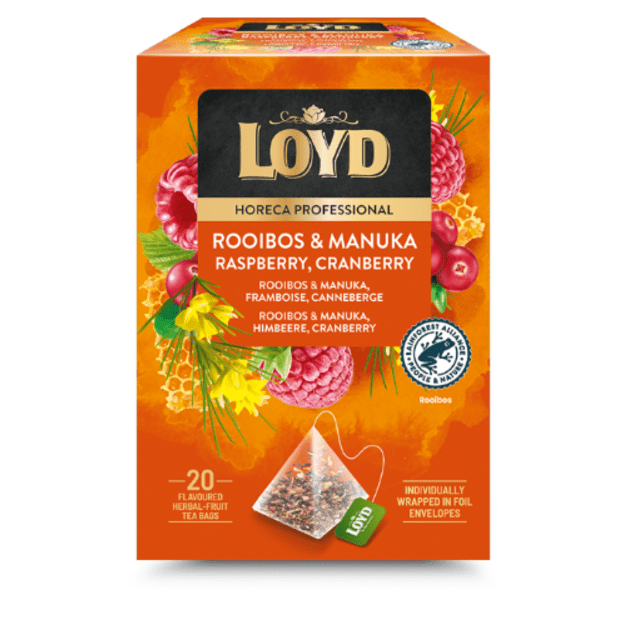 Vaisinės arbatos gėrimas LOYD Rooibos su manuka medumi avietėmis ir spanguolėmis, piramidė,20 x 1,7g